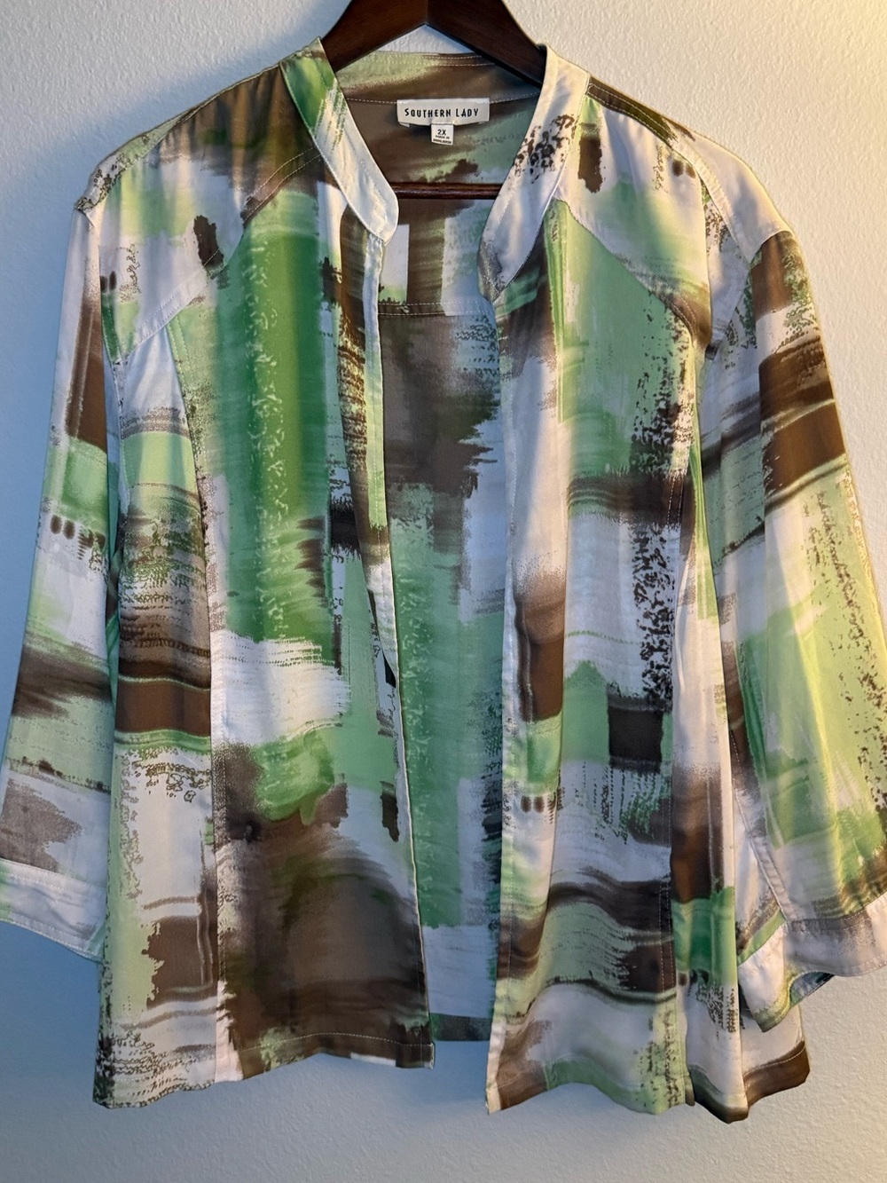 Southern Lady Olive Green, Brown & Cream Open-Front Shirt Jacket